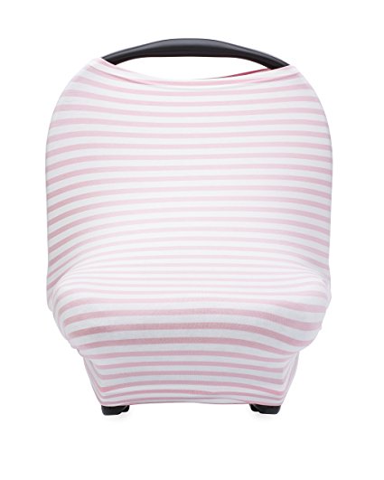 The Good Baby 4 in 1 Car Seat Cover for Girls - Stretchy Carseat Canopy, Nursing Cover, Grocery Cart Cover, Infinity Scarf - Pink/White Stripes