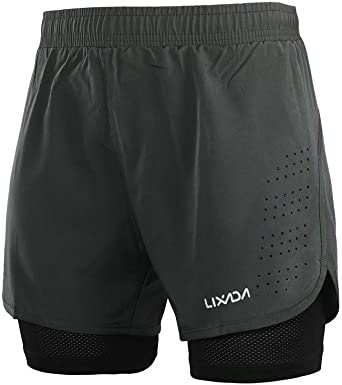 Lixada Mens 2-in-1 Running Shorts Quick Drying Breathable Active Training Exercise Jogging Cycling Shorts with Longer Liner