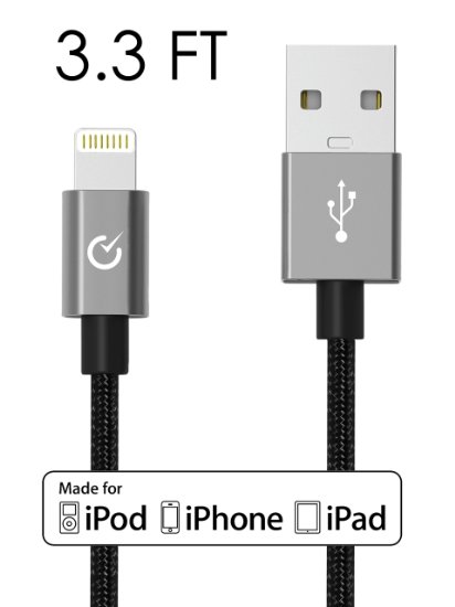 [Apple MFi Certified] Volts© 3ft Black Nylon Braided Lightning to USB Cable Charger w/ Aluminum Case on 8 pin Connector. Tangle Free Premium Accessories Made for iPhone, iPad, iPod. (3.3ft / 1 meter Space Gray)