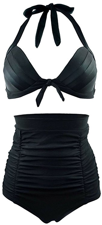 Women's Classy Vintage Style Black High Waist Halter Bikini Set