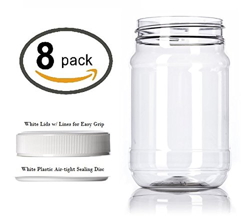 Pack of 8 Round Clear Plastic Jars with lids and Wide-mouth - 16 Ounce - Bottles come with White Caps and White Liner