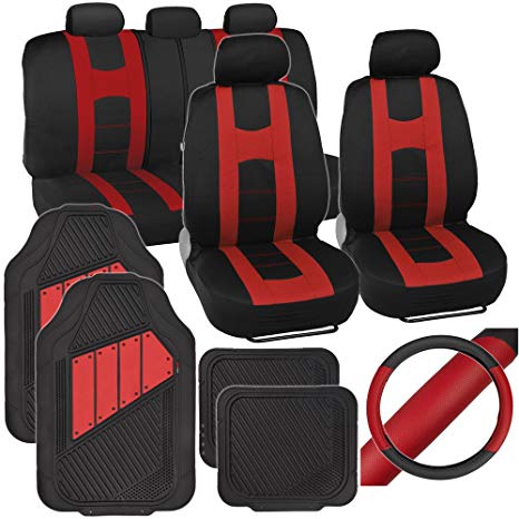 PolyCloth Sport Seat Covers Rubber Floor Mats & Steering Wheel Cover for Auto Car SUV Truck - Two Tone Black & Red