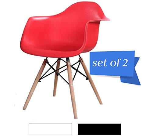 Mid Century Modern Kitchen Table Dining Chairs - Set of 2 Eames Style Armchair, Shell Plastic Lounge Desk/Dining Chair with Arms & Wood Legs, Side Chair for Living Room (Red)…