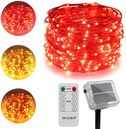 ErChen Dual-Color Solar Powered LED String Lights, 100FT 300 LEDs Remote Control Color Changing 8 Modes Copper Wire Decorative Fairy Lights for Outdoor Garden Patio (Warm White, Red)