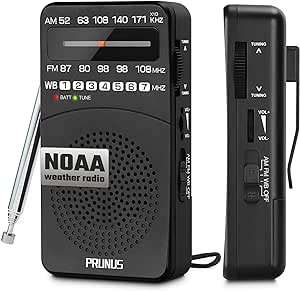 PRUNUS NOAA Weather Radio AM FM, Battery Powered Radio by AA, Transistor Radio, Earphone Jack, Portable Radio AM FM WB for Emergency, Hurricane, Floods, snowstorms