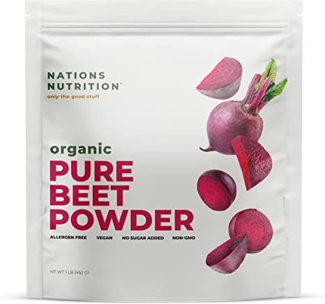 Nations Nutrition Organic Pure Beet Root Powder - Nitric Oxide Circulation Superfood, Supports Blood Pressure, Blood Flow & Heart Health - Increase Stamina & Natural Energy, 452g (30  Servings)