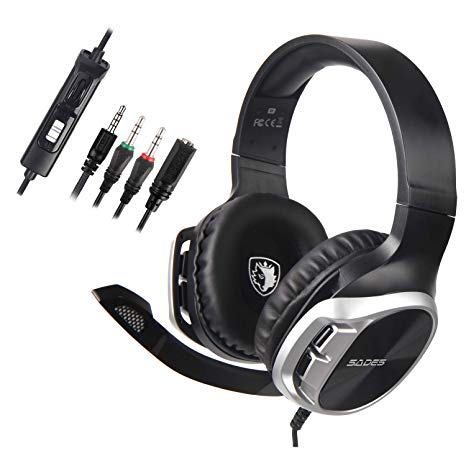 Sades Stereo Gaming Headset for Xbox One PS4 PC,Surround Sound Over-Ear Headphones Anti-Noise Mic,Volume Control Laptop, Mac,Smartphone, iPad -(R17 Black Silver)