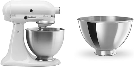 KitchenAid Classic Series 4.5 Quart Tilt-Head Stand Mixer K45SS, White & 3-Quart Stainless Steel Bowl for Tilt-Head Stand Mixers