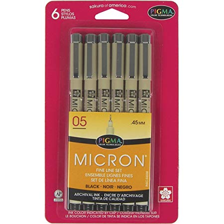 Sakura 50038 6-Piece Pigma Micron-05 Ink Pen Set, 0.45mm, Black