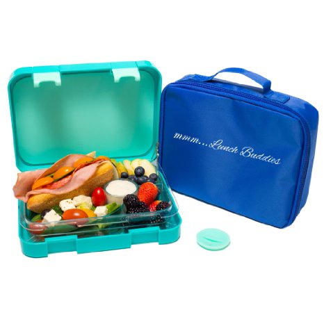 Bento Lunch Box-Green-by mmm...Lunch Buddies-Double Leak Proof Container-New Dual Latch-Great for Kids or Adults-Carrying Lunch Bag-Healthy Portion Plate-4 Compartment-Microwave-Dishwasher