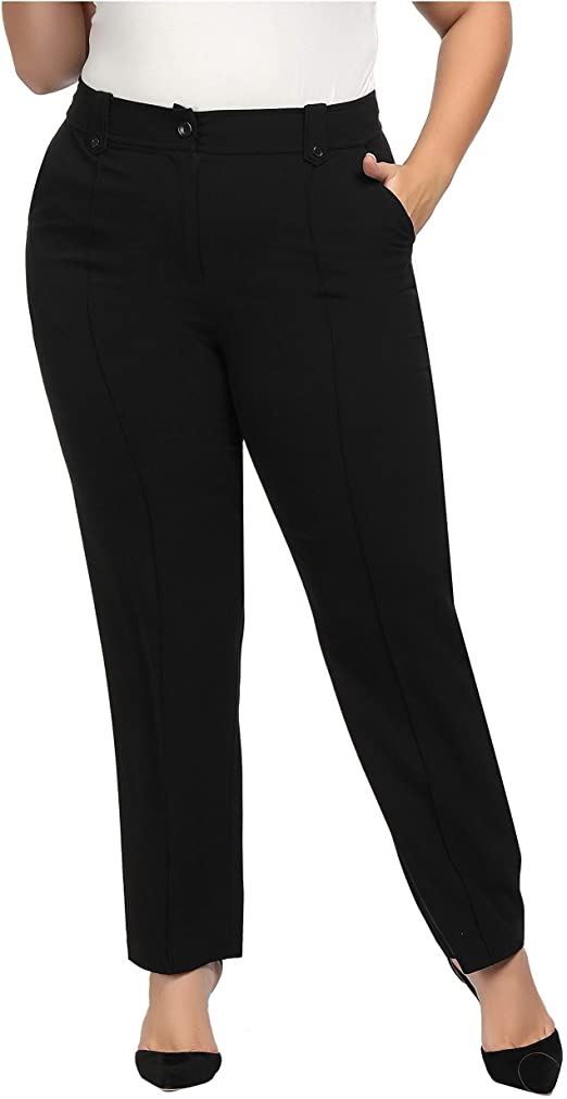 Chicwe Women's Plus Size Stretch Straight Leg Solid Pants with Double Tabs Waistband - Casual and Work Pants Trousers
