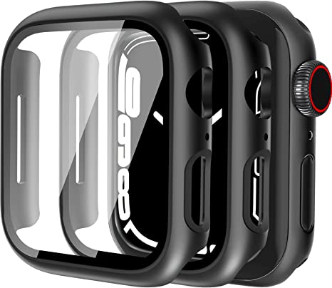 QHOHQ Pack of 2 Hard PC Case with Tempered Glass Screen Protector Compatible with Apple Watch, Full Coverage, Touch Sensitive - Black