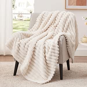 EXQ Home Fleece Blanket Twin Size for Couch or Bed - 3D Stripe Jacquard Decorative Blankets - Cozy Soft Lightweight Fuzzy Flannel Blanket Suitable for All Seasons(60"×80",Beige)