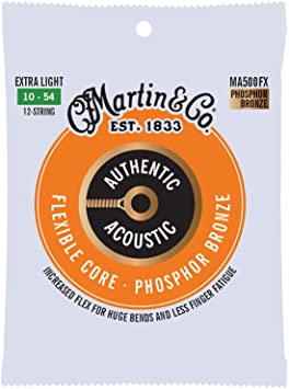 Martin Guitar Authentic Acoustic Flexible Core MA500FX, 92/8 Phosphor Bronze, Extra Light 12-String Guitar Strings