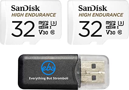 SanDisk High Endurance Memory Card 32GB MicroSDHC (2 Pack) for Garmin Dash Cam Mini 2, 57, 47, 67W Series (SDSQQNR-032G-GN6IA) Class 10 Bundle with (1) Everything But Stromboli MicroSD Card Reader