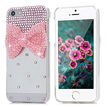 iPhone SE Case,iPhone 5S / 5 Case - Mavis's Diary 3D Handmade Bling Crystal Pink Cute Bow with Lovely Pink Sparkle Glitter Rhinestone Diamond Clear Hard PC Case Cover with Cleaning Cloth