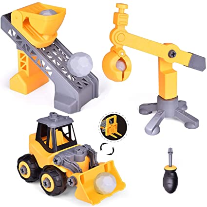 FUN LITTLE TOYS Take Apart Construction Toys for Kids, 4-in-1 Construction Playset with Construction Vehicles & Engineering Transporter, Construction Party Supplies for Boys