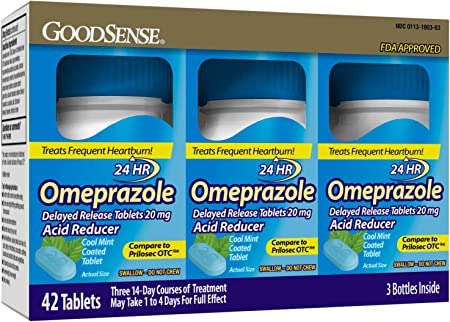 GoodSense Omeprazole Delayed Release Tablets 20 mg, Cool Mint, Acid Reducer, Treats Frequent Heartburn, 42 Count