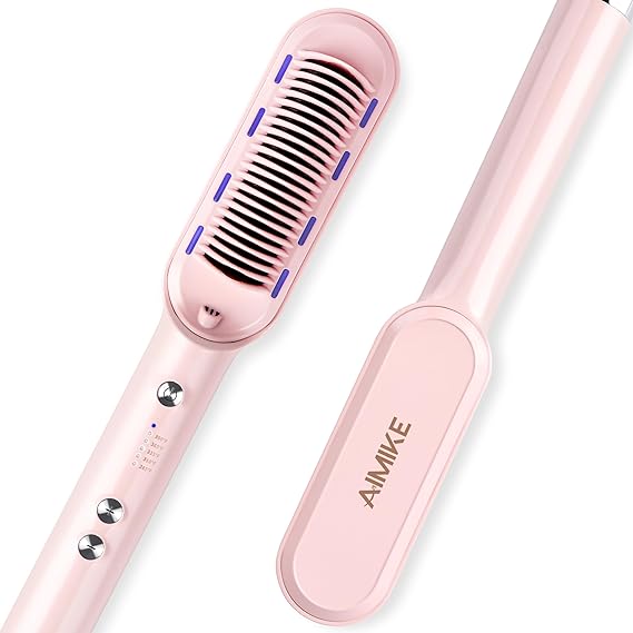 AIMIKE S10 Ionic Hair Straightener Brush, Heated Hair Straightening Brush for Thick Curly Hair with Negative Ion, Fast Heating & Anti-Scald Electric Hot Comb for Smooth Anti-frizz Hair, Gift for Women