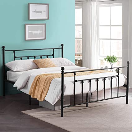 VECELO Queen Size Bed Frame Metal Platform Mattress Foundation with Headboard Footboard,Victorian Vintage Style,Easy Assemble,Black