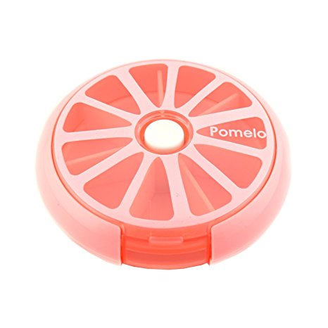 AUCH Portable Rotating 7 Day Weekly Pill Organizer Travel Medicine Tablet Holder Storage Case Box Dispenser, Cute Fruit Style, Pink Pomelo