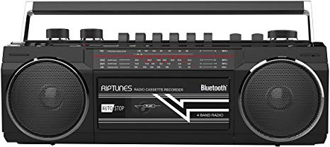Riptunes Cassette Boombox, Retro Blueooth Boombox, Cassette Player and Recorder, AM/FM/SW-1-SW2 Radio-4-Band Radio, USB, SD, and Aux in, Black