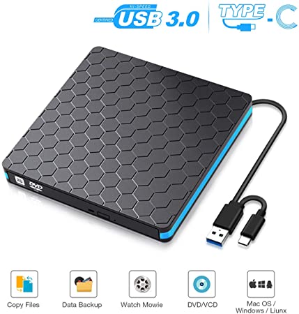 SAWAKE External CD DVD Drive with 2 in 1 USB 3.0 and Type-C CD writer/RW DVD ROM Ultra-Slim Portable External Player Reader for PC laptop WIN98/XP/7/8/10/ VISTA/Mac OS 8.6 or above