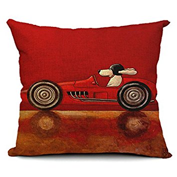 18''X 18'' Driving Dogs Cotton Linen Decorative Throw Pillow Cover Cushion Case (Red)