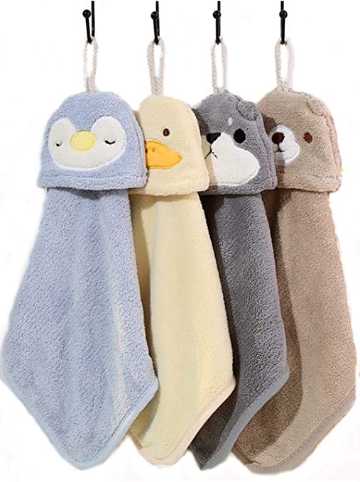 4 Pack Ultra Thick Cute Cartoon Hand Towels,Bathroom Hand Towels with Hanging Loops,Microfiber Animals Hand Towels,Soft Absorbent Kitchen Hand Towels Hanging(Blue Grey offwhite Khaki)