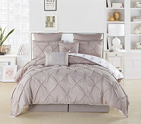 Duck River Textiles 8 Piece Esy Reversible Pin Tuck Printed Comforter Set, Taupe, King