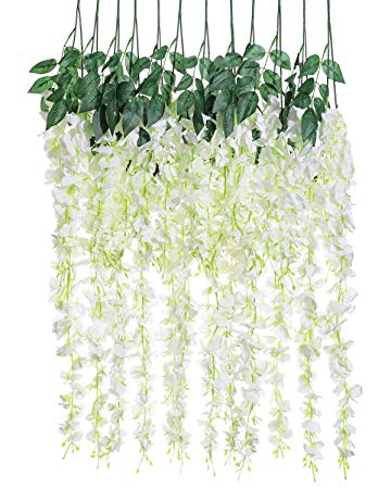 Artificial Silk Wisteria Vine Rattan Garland Fake Hanging Flower Wedding Party Home Garden Outdoor Ceremony Floral Decor,3.18 Feet, 6 Pieces (White-2)