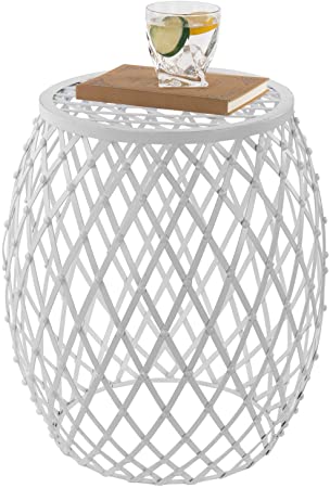 MyGift 18-inch Gardens Collection Lattice Design White Metal Garden Stool/Decorative Display Side Table/Patio End Table