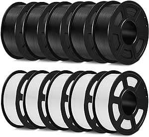 SUNLU 3D Printer Filament Bundle 10KG, PLA Plus Filament 1.75mm, Neatly Wound PLA  Filament for Most 3D Printer, 2 Colors, 1kg Spool, Black * 5 Spools & White 5 Spools