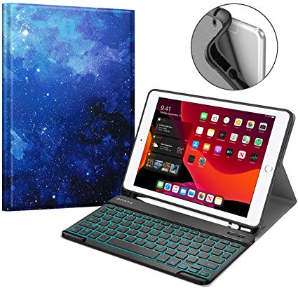 Fintie Keyboard Case for New iPad 7th Gen 10.2 Inch 2019, Soft TPU Back Cover with Pencil Holder, Magnetically Detachable Wireless Bluetooth Keyboard, 7 Color Backlight for iPad 10.2", Starry Sky