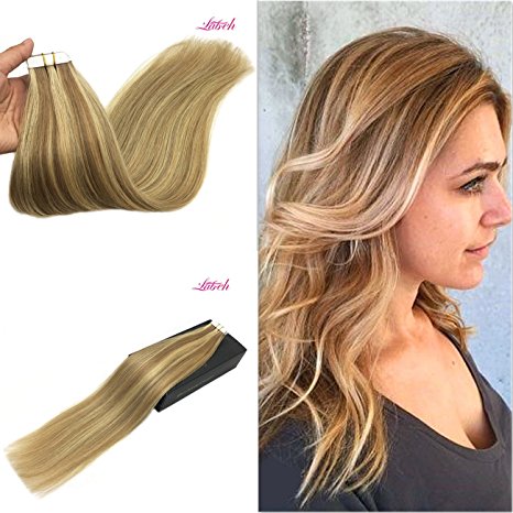Labhair 14inch 20pcs 50g Two Tone Blonde mixed Highlight Balayage Colorful Seamless Tape in Human Hair Extensions