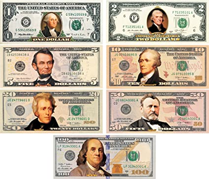 Set of all 7 COLORIZED 2-SIDED U.S. Bills Currency $1/$2/$5/$10/$20/$50/$100