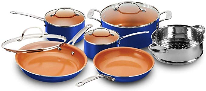 Gotham Steel 2128 - 10-Piece Kitchen Set with Non-Stick Ti-Cerama Coating by Chef Daniel Green - Includes Skillets, Fry Pans, Stock Pots and Steamer Insert – Blue