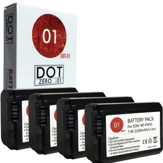 4x DOT-01 Brand 2200 mAh Replacement Sony NP-FW50 Batteries for Sony A7S, A7 II, A7, a7R, NEX-7, NEX-5R, NEX-5N, NEX-F3, NEX-C3, NEX-6, NEX-3N, SLT-A3000, NEX-5T, DSC-RX10, SLT-A5000, SLT-A6000, SLT-A5100, NEX-5K, SLT-A37, SLT-A55V, SLT-A35, SLT-A33, Digital Camera and Sony FW50