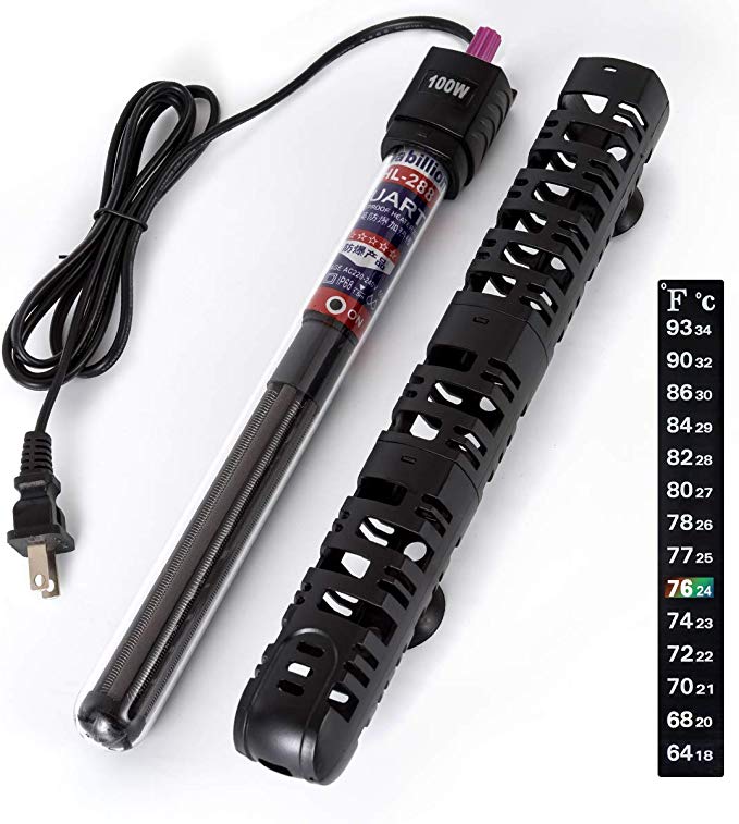 UPMCT Aquarium Heater, 100W Submersible Fish Tank Heater with Thermometer Strip Adjust Knob Thermostat, Suitable for 15 to 25 Gallons