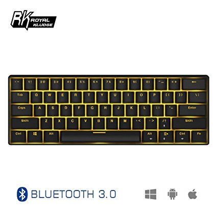 Royal Kludge RK61 61 Keys Wired/Wireless Bluetooth 3.0 Multi-Device Yellow LED Backlit Mechanical Gaming/Office Keyboard for iOS, Android, Windows and Mac with Rechargeable Battery, Blue Switch -Black