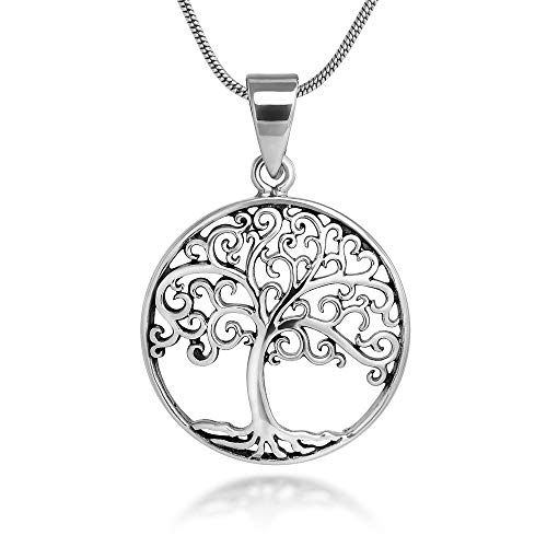 Sterling Silver 21 mm Filigree Tree of Life Symbol Round Pendant Necklace, 18'' Snake Chain