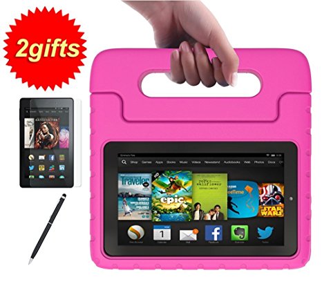 SUPLIK Kid-Proof Handle Stand Cover Case with Screen Protector and Stylus for Amazon All-New Fire 7 2017 7th Generation or Fire 7 2015 5th Generation,Rose Red