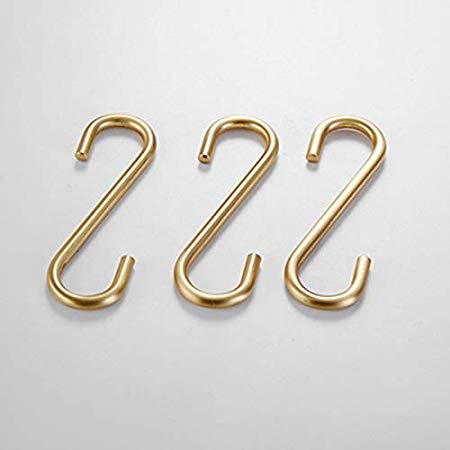 S Hooks 3 PCS for Hanging,Brass Hook Hangers for Kitchen Bathroom Heavy Duty,Brushed Gold