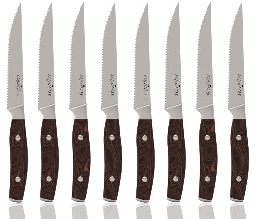 Equinox 8-Piece Steak Knife Set, Serrated Edge Steak Knives, Dark Wood