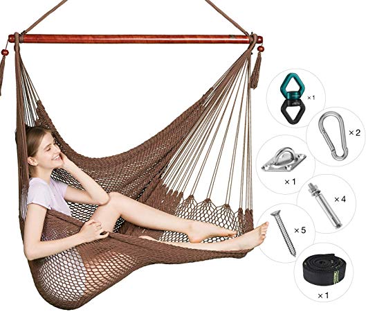 Greenstell Large Caribbean Hammock Hanging Chair with Swing Swivel and Hanging Kits,Frictionless 360° Rotation,Swing Chair 100% Soft-Spun Polyester,for Indoor,Outdoor,Home,Patio,Garden 48 Inch (Mocha)