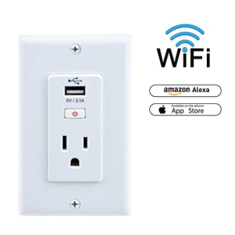 Smart Wall Outlet, VIFLYKOO 2.1A Smart High Speed USB Charger Wall Outlet, 10A Tamper Resistant Receptacle, No Hub Required, Compatible with Alexa, Remote Control your Devices from Anywhere