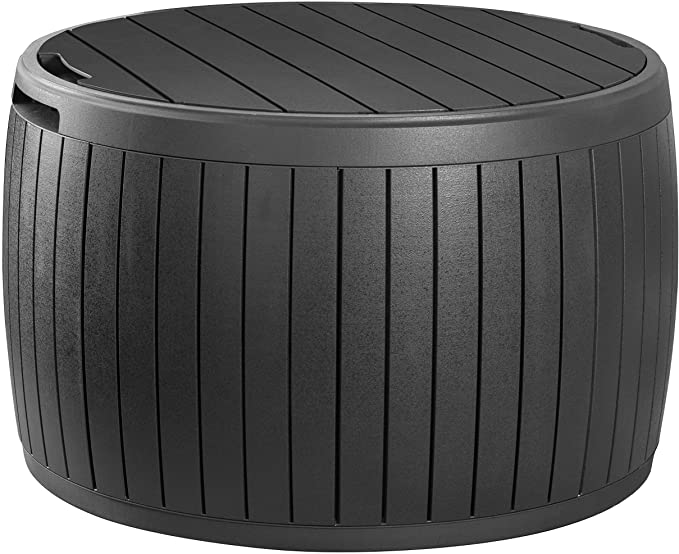 Keter Circa 37 Gallon Round Deck Box, Patio Table for Outdoor Cushion Storage, Grey