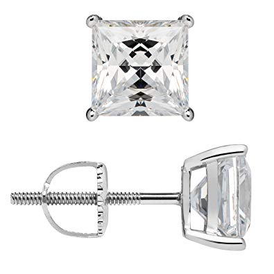 14K Solid White Gold Earrings | Princess Cut Cubic Zirconia Stud | Screw Back Posts | .58-4.0 CTW | With Gift Box
