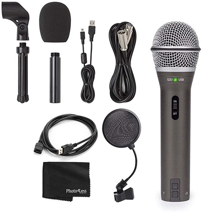 Samson Q2U Recording & Podcasting Pack (Grey) with 4-Inch Pop Filter, USB 2.0 A Male to A Female Extension Cable and Lens & Camera Cleaning Cloth - Great Recording and Podcasting Bundle