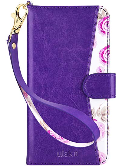 ULAK Flip Wallet Case for iPhone 6s Plus, iPhone 6 Plus Case, Floral PU Leather Wallet Kickstand Case with Wrist Strap ID&Credit Card Pockets for iPhone 6 plus/6S Plus 5.5, Purple